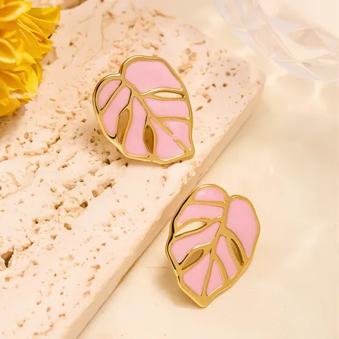 Monstera Leaf Stainless Steel Stud Earrings For Women Gold Plated Enamel Drip Oil Tropical Plant Style Hollow Leaf Jewelry Lightweight Waterproof Hypoallergenic Earring
