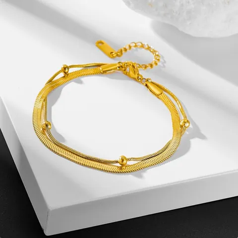 Minimalist 316L Stainless Steel Double Layer Snake Chain Bracelet Anklet Gold Plated Herringbone Round Beads Jewelry For Women