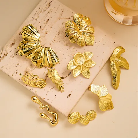 Fashion Light Luxury Leaf Flower Stainless Steel Stud Earrings For Women Unique Geometric Design Gold Plated Ear Jewelry Gift