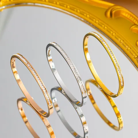 Luxury Titanium Steel Bangle For Women Single Row Square Zirconia Gold Rose Gold Silver Waterproof Fashion Jewelry Gift