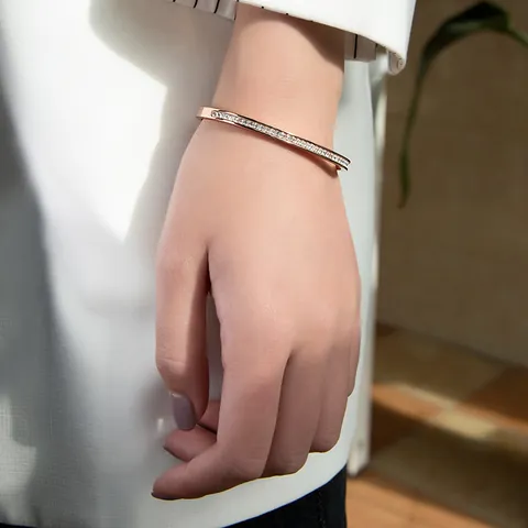 Luxury Titanium Steel Bangle For Women Single Row Square Zirconia Gold Rose Gold Silver Waterproof Fashion Jewelry Gift