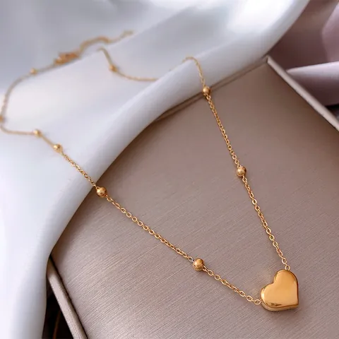 316L Stainless Steel Heart Pendant Necklace For Women PVD Gold Plated Hypoallergenic Water Resistant Satellite Bead Chain Jewelry
