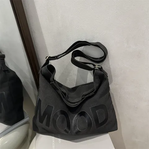 Bolso de Hombro de Lona de Gran Capacidad Estampado Letras MOOD Vintage Messenger Bag Bolso Tote Casual para Estudiantes Escuela