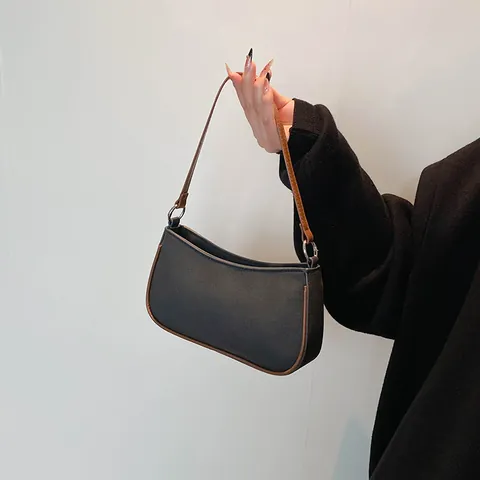 Vintage Underarm Baguette Bag For Women Minimalist PU Canvas Contrasting Color Shoulder Bag Daily Office Commuting Handbag