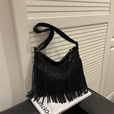 Bolso de Hombro Vintage de Gamuza Sintética con Borlas Estampado de Leopardo Bolso Tote Hobo Gran Capacidad Bohemio Mujer