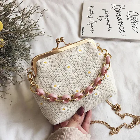 Borsa a Tracolla in Paglia Intrecciata Estiva da Donna Con Ricamo a Margherita Chiusura a Scatto Retro Catena in Metallo Borsa a Spalla Piccola