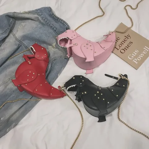 Creative Dinosaur Shape PU Leather Crossbody Bag With Rivet Decor Metal Chain Shoulder Bag For Women Girls Fun Novelty Purse