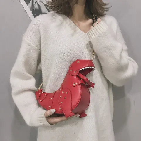 Creative Dinosaur Shape PU Leather Crossbody Bag With Rivet Decor Metal Chain Shoulder Bag For Women Girls Fun Novelty Purse