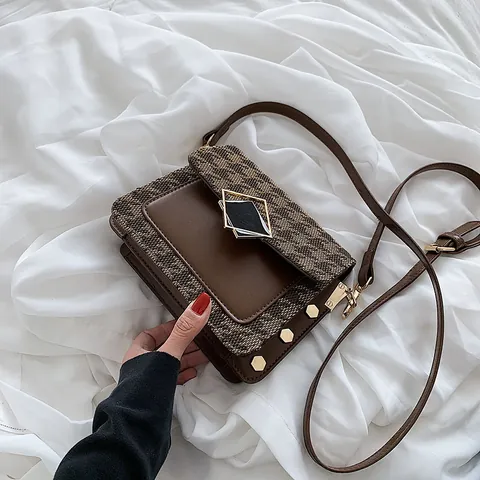 Vintage Women Crossbody Bag PU Leather Patchwork Leopard Print Houndstooth Square Small Shoulder Bag With Metal Buckle