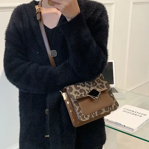 Vintage Women Crossbody Bag PU Leather Patchwork Leopard Print Houndstooth Square Small Shoulder Bag With Metal Buckle