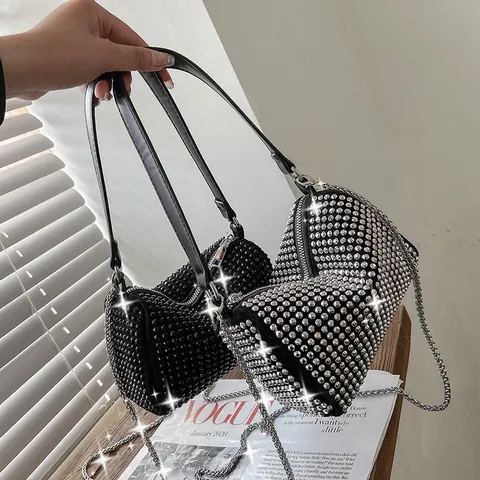 Women's Fashion Rhinestone Cylinder Shoulder Bag Sparkling Studded Crossbody Bag With Metal Chain PU Leather Party Handbag