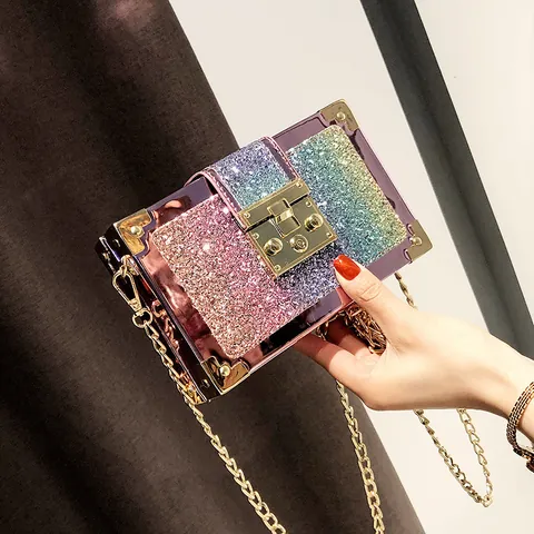 Bolso de Caja de Lentejuelas Arcoíris para Mujer Bandolera de Cadena Con Cierre de Metal Dorado Cuadrado Glitter PU Bolso de Noche