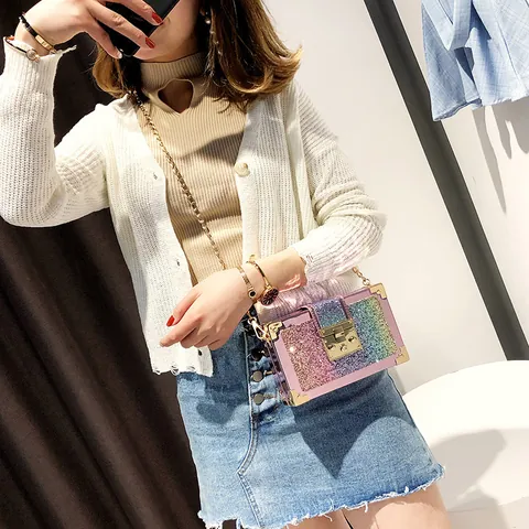 Bolso de Caja de Lentejuelas Arcoíris para Mujer Bandolera de Cadena Con Cierre de Metal Dorado Cuadrado Glitter PU Bolso de Noche