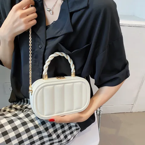 Fashion PU Leather Vertical Quilted Crossbody Bag For Women With Metal Chain Braided Handle Lock Closure Small Square Handbag