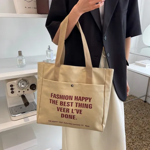 Große Kapazität Leinwand Tote Bag Für Damen Mode Buchstaben Druck Schultertasche Lässig Vielseitige Studenten Shopper Khaki Schwarz Off-white