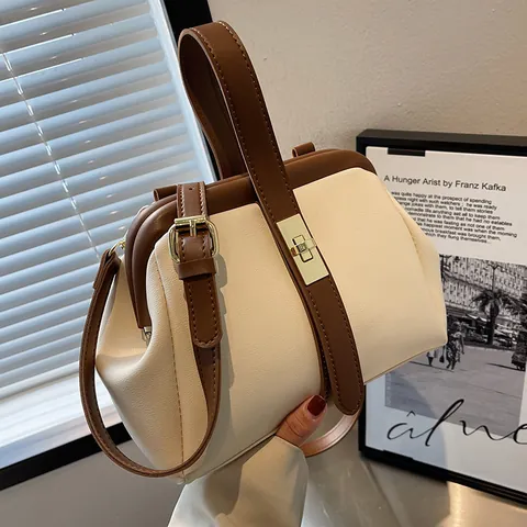 Women's Vintage PU Leather Doctor Bag Color Blocking Handbag With Metal Twist Lock Adjustable Shoulder Strap Crossbody Bag