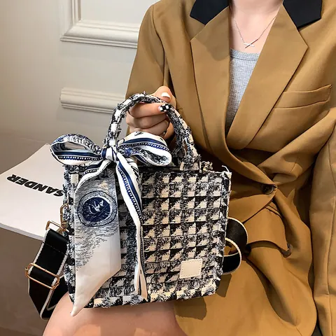 Women Plaid Houndstooth Tweed Tote Bag With Scarf Large Capacity Commuting Handbag Elegant Office Laptop Shoulder Bag