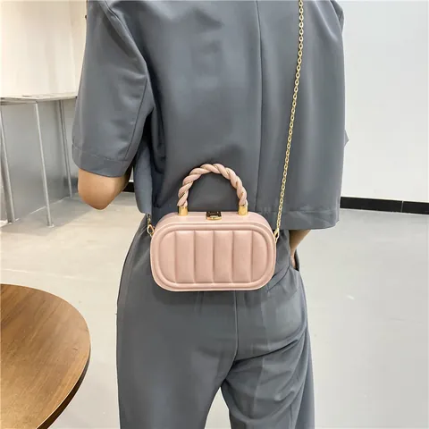 Women Quilted PU Leather Small Square Box Bag Twist Handle Gold Chain Strap Elegant Crossbody Handbag For Party Daily