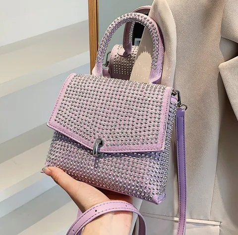 Damen Mode Strass Handtasche Glänzend Diamant Kleine Quadratische Umhängetasche Mit Griff PU Leder Party Abendtasche