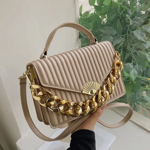 Damen Plissee PU Leder Handtasche Mit Goldener Metallkette Und Fächerschnalle Mode Umhängetasche Für Den Alltag