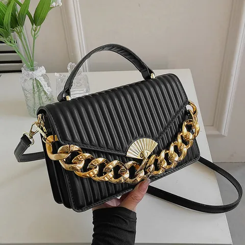 Damen Plissee PU Leder Handtasche Mit Goldener Metallkette Und Fächerschnalle Mode Umhängetasche Für Den Alltag