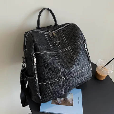 Women's PU Leather Fashion Backpack Contrast Grid Stitching Detail Multi Pocket Large Capacity Travel Bag Schoolbag Black