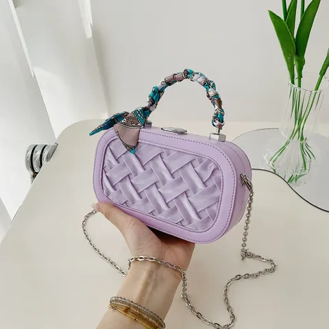Fashion Woven PU Leather Crossbody Bag For Women Elegant Satin Scarf Handle Square Shoulder Bag With Metal Chain Strap