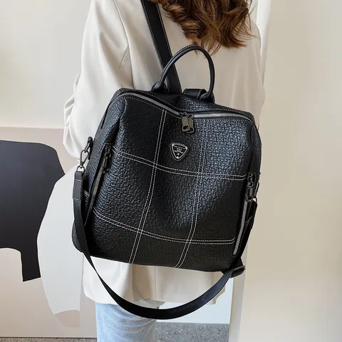 Women's PU Leather Fashion Backpack Contrast Grid Stitching Detail Multi Pocket Large Capacity Travel Bag Schoolbag Black