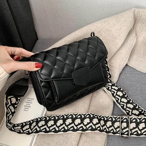 Women Quilted Rhombus Small Square Crossbody Bag With Wide Jacquard Shoulder Strap PU Leather Casual Shoulder Handbag For Daily Party