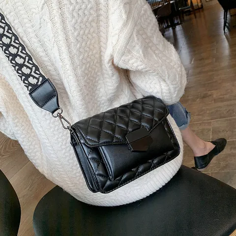 Women Quilted Rhombus Small Square Crossbody Bag With Wide Jacquard Shoulder Strap PU Leather Casual Shoulder Handbag For Daily Party