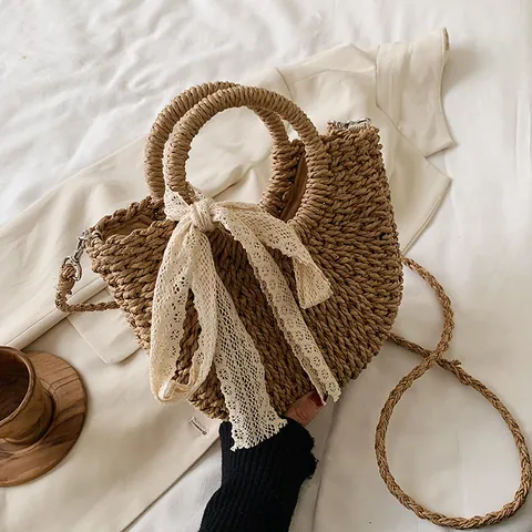 Borsa a Mano da Donna in Paglia Intrecciata Estiva Con Fiocco in Pizzo Borsa a Tracolla a Mezzaluna Casual da Spiaggia Vacanza