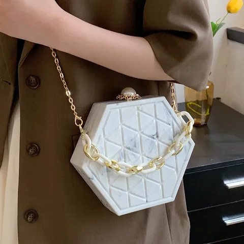 Mode Zeshoekige Marmertextuur Acryl Avondtas Met Parelsluiting Geometrisch Relief Ketting Schouder Crossbodytas Voor Dames