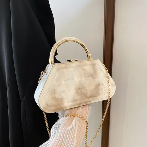 Women Marble Pattern Small Box Handbag PU Leather Trapezoid Chain Crossbody Bag With Metal Handle For Banquet Daily Party