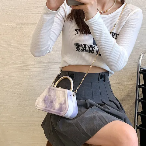 Women Marble Pattern Small Box Handbag PU Leather Trapezoid Chain Crossbody Bag With Metal Handle For Banquet Daily Party