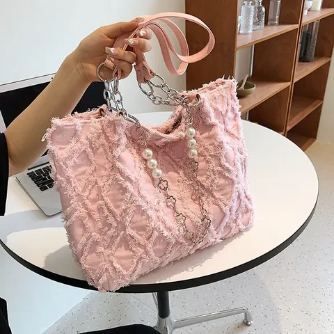 Damen Denim Tote Bag Gesteppt Ausgefranste Kante Große Kapazität Kunstperle Metallkette Umhängetasche Vielseitige Streetwear Handtasche