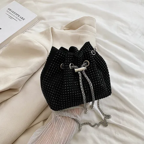 Borsa a Secchiello con Strass alla Moda per Donna Tracolla a Catena in Metallo Coulisse con Künstliche Perle Borsa a Mano per Festa