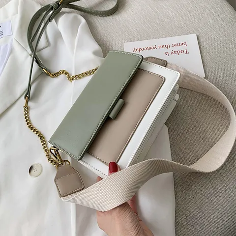Bolso Bandolera Cuadrado Pequeño de Bloques de Color para Mujer Con Cadena Metálica y Correa Ancha de Tela Cuero PU Costuras en Contraste