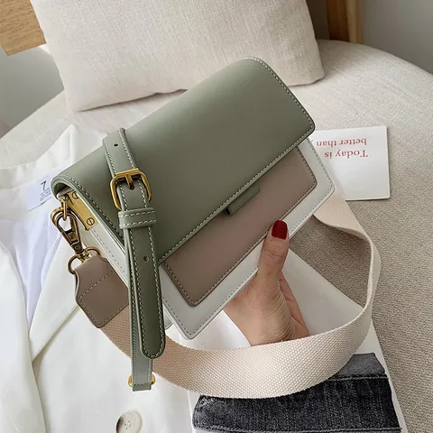 Bolso Bandolera Cuadrado Pequeño de Bloques de Color para Mujer Con Cadena Metálica y Correa Ancha de Tela Cuero PU Costuras en Contraste