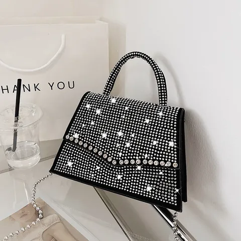Frauen Strass Kariert Kleine Quadratische Handtasche Luxus Kristall Umhängetasche Mit Metallkette Abendparty Handtasche