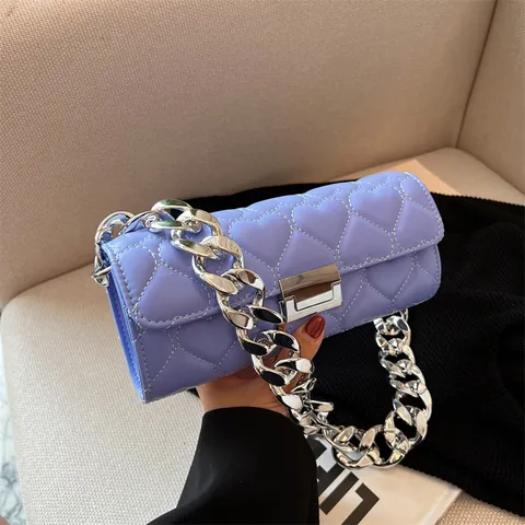 French Niche Heart Quilted Underarm Bag For Women Fashion PU Leather Shoulder Bag With Chunky Silver Metal Chain Small Purse