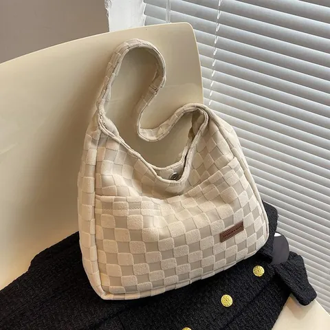 Women's Checkerboard Pattern Textured Velvet Tote Bag Large Capacity Minimalist Casual Shoulder Hobo Bag Fashion Handbag