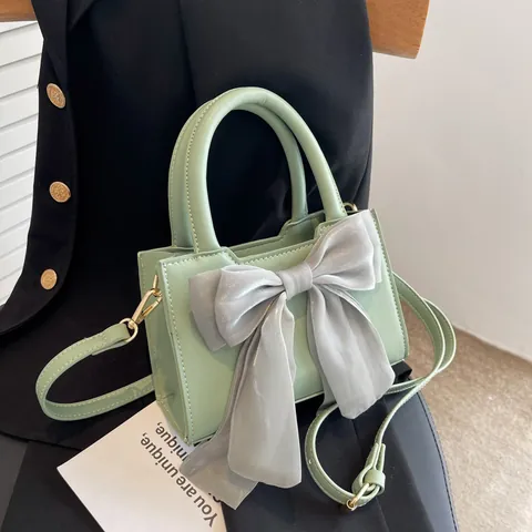 Women Fashion Bow Square Handbag PU Leather Organza Bowknot Crossbody Bag With Removable Strap Gold Hardware Shoulder Bag