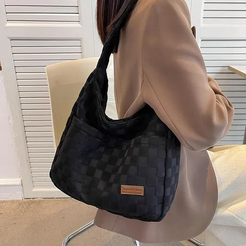 Women's Checkerboard Pattern Textured Velvet Tote Bag Large Capacity Minimalist Casual Shoulder Hobo Bag Fashion Handbag