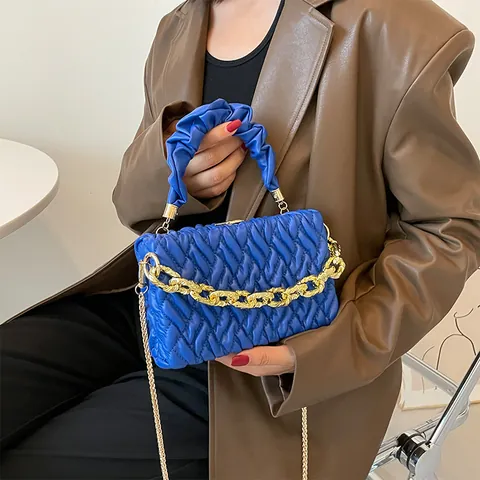 Women's Quilted Pleated Handbag Gold Chain PU Leather Crossbody Shoulder Bag Small Square Cloud Bag Fashion Clutch Purse