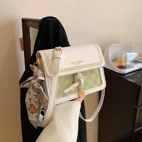 Bolso Bandolera de Cuero PU de Bloque de Color para Mujer Con Pañuelo de Satén Decorativo Bolso de Hombro Cuadrado Vintage