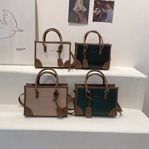 Bolso Tote de Moda de Color de Contraste para Mujer de Cuero de PU Bolso de Mano Vintage Cuadrado de Bandolera Con Correa de Hombro Ajustable para Diario