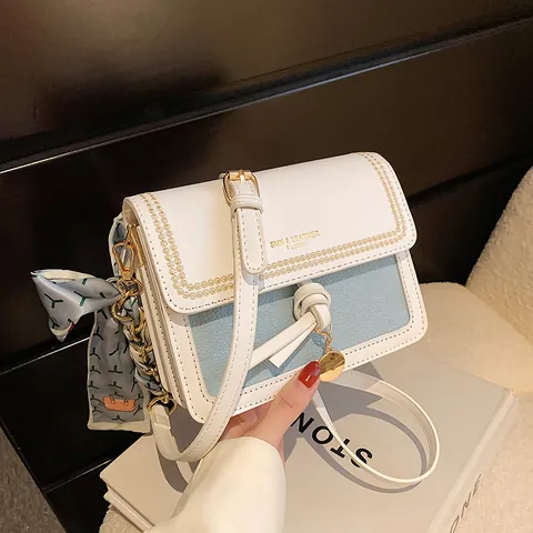 Bolso Bandolera de Cuero PU de Bloque de Color para Mujer Con Pañuelo de Satén Decorativo Bolso de Hombro Cuadrado Vintage