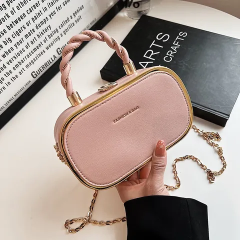 Dames Mode PU Leer Box Tas Kleine Vierkante Ketting Crossbody Tas Met Gevlochten Handvat Metalen Frame Elegante Avondhandtas