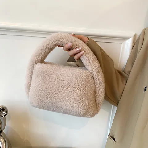 Bolso de Mano de Felpa y Piel Sintética para Mujer Otoño Invierno Suave Sherpa Bolso de Cubo Bolso de Mano Cuadrado Pequeño Casual