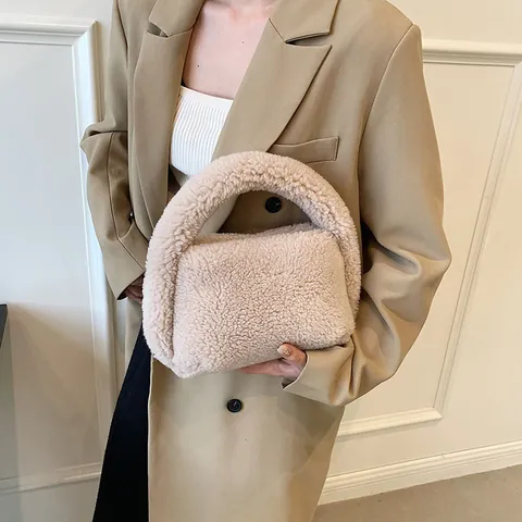 Bolso de Mano de Felpa y Piel Sintética para Mujer Otoño Invierno Suave Sherpa Bolso de Cubo Bolso de Mano Cuadrado Pequeño Casual